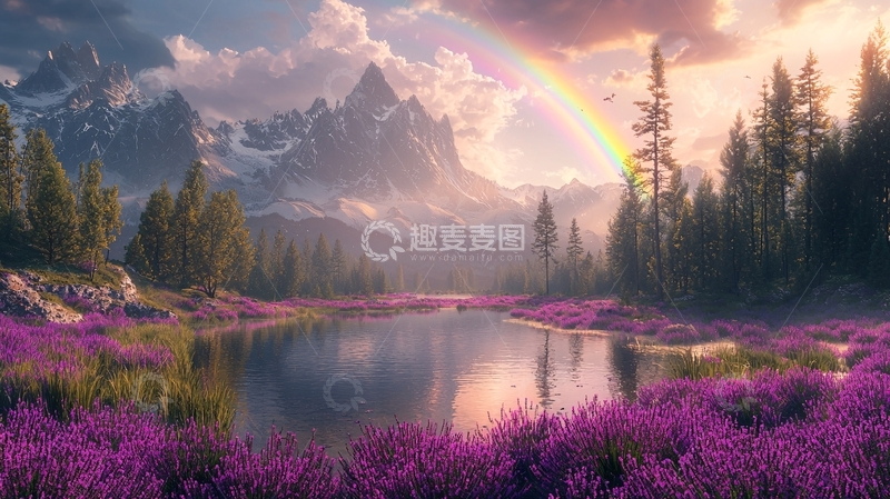 高清大图下载【趣麦麦图】宁静的湖边山景彩虹