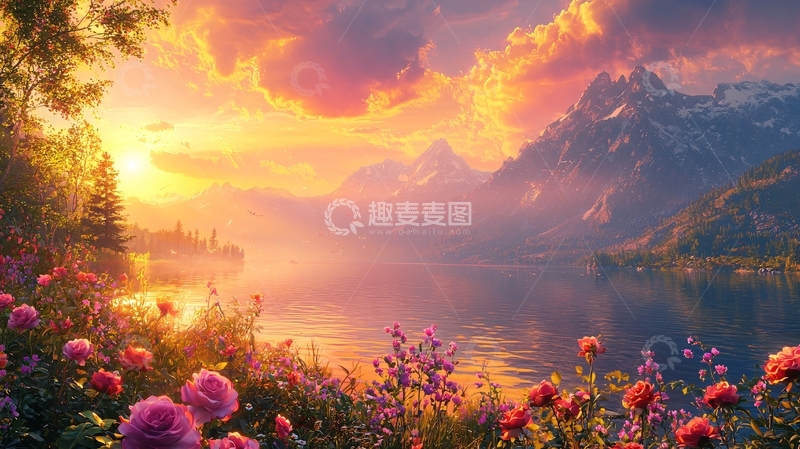 高清大图下载【趣麦麦图】梦幻湖景落日余晖