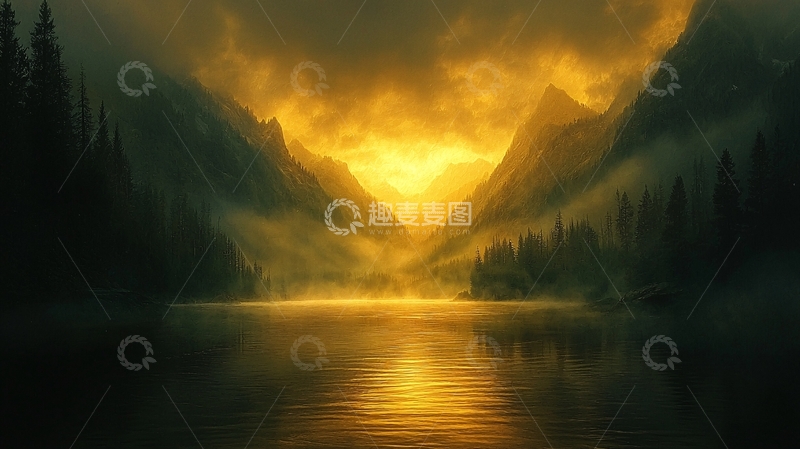 高清大图下载【趣麦麦图】山间湖泊金色光辉