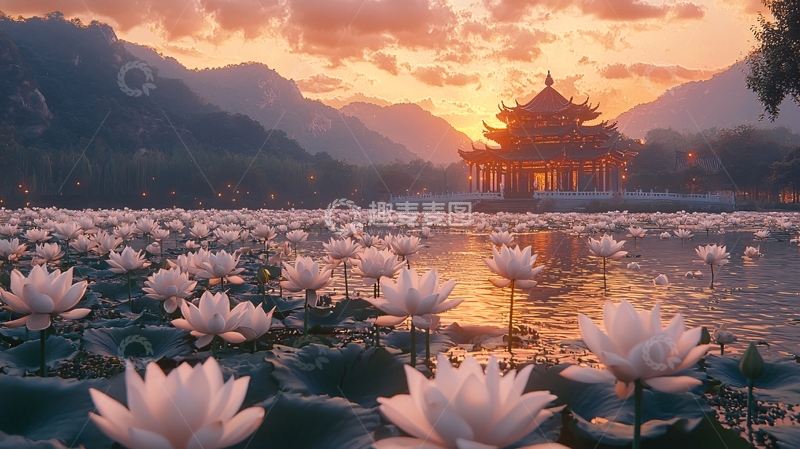 高清大图下载【趣麦麦图】夕阳下的莲花池亭台楼阁