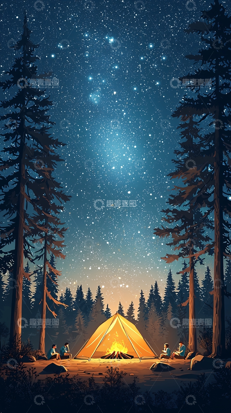 高清大图下载【趣麦麦图】夜空下帐篷营地篝火旁的人们