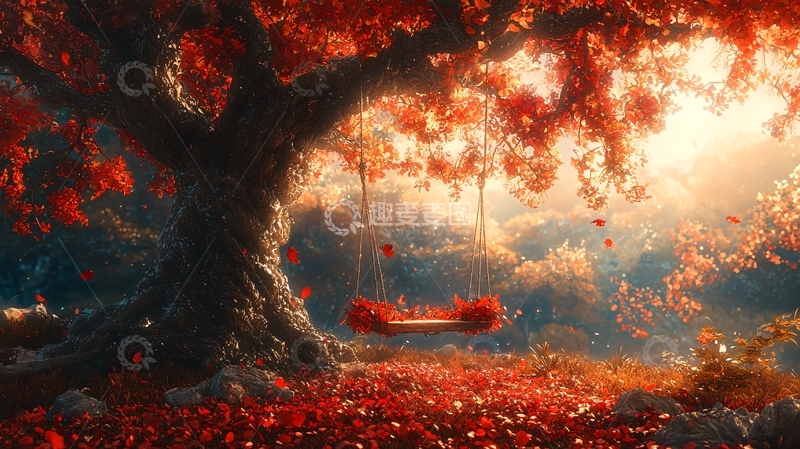 高清大图下载【趣麦麦图】秋日红叶下的秋千意境