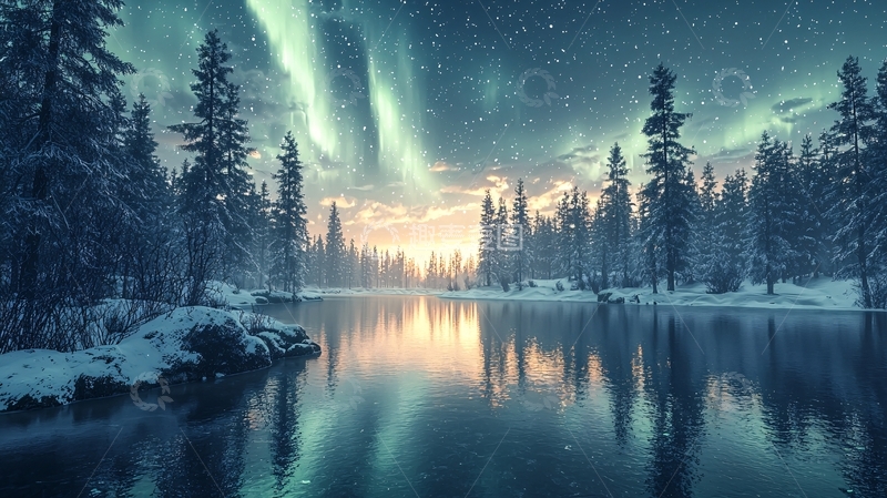 高清大图下载【趣麦麦图】极光下的雪地湖泊