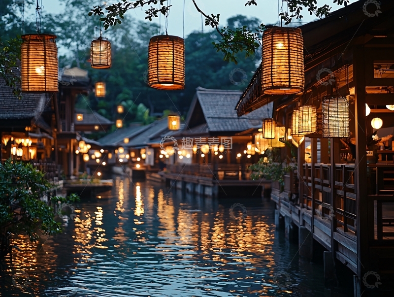 高清大图下载【趣麦麦图】夜色中水乡古镇的灯笼