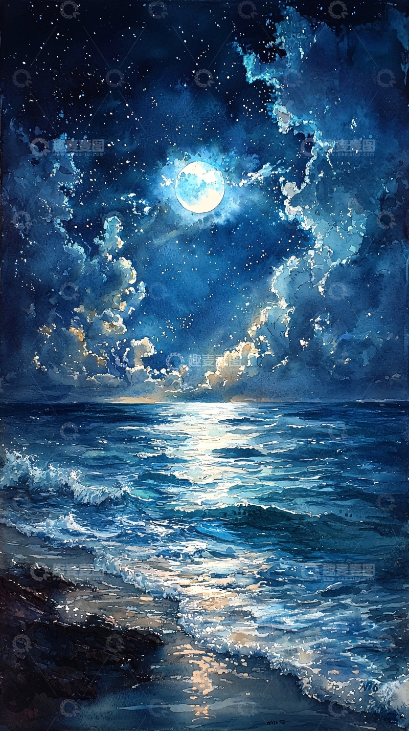 高清大图下载【趣麦麦图】夜空月亮下的波涛海面
