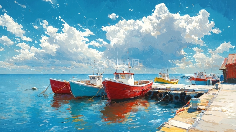 高清大图下载【趣麦麦图】海边码头停靠着色彩鲜艳的渔船