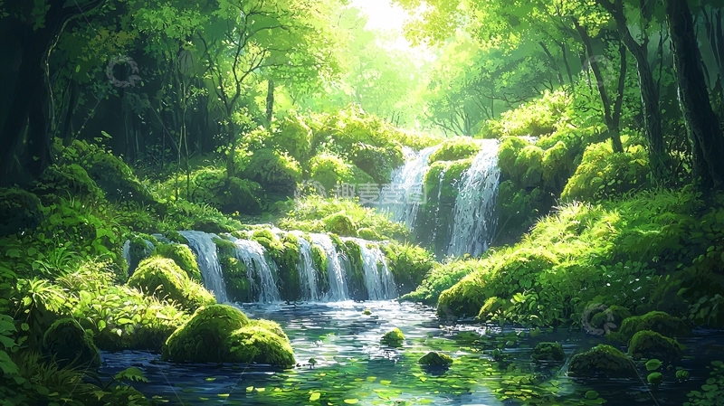 高清大图下载【趣麦麦图】绿意盎然的森林瀑布