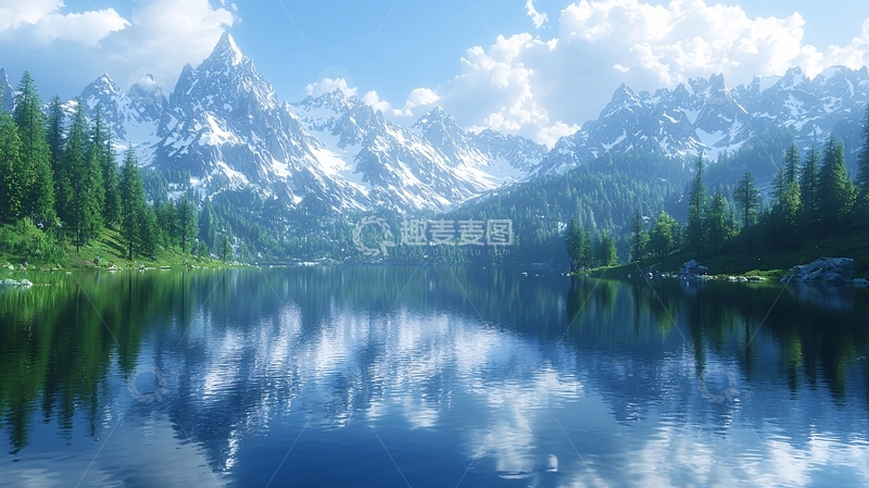 高清大图下载【趣麦麦图】宁静湖面雪山倒影