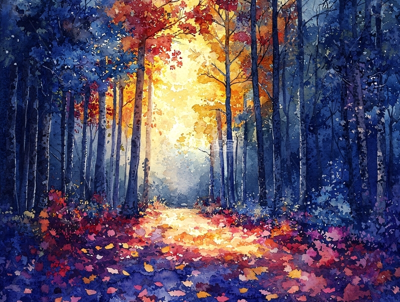 高清大图下载【趣麦麦图】秋日森林光影水彩画