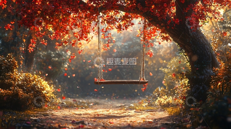 高清大图下载【趣麦麦图】秋日树下浪漫秋千