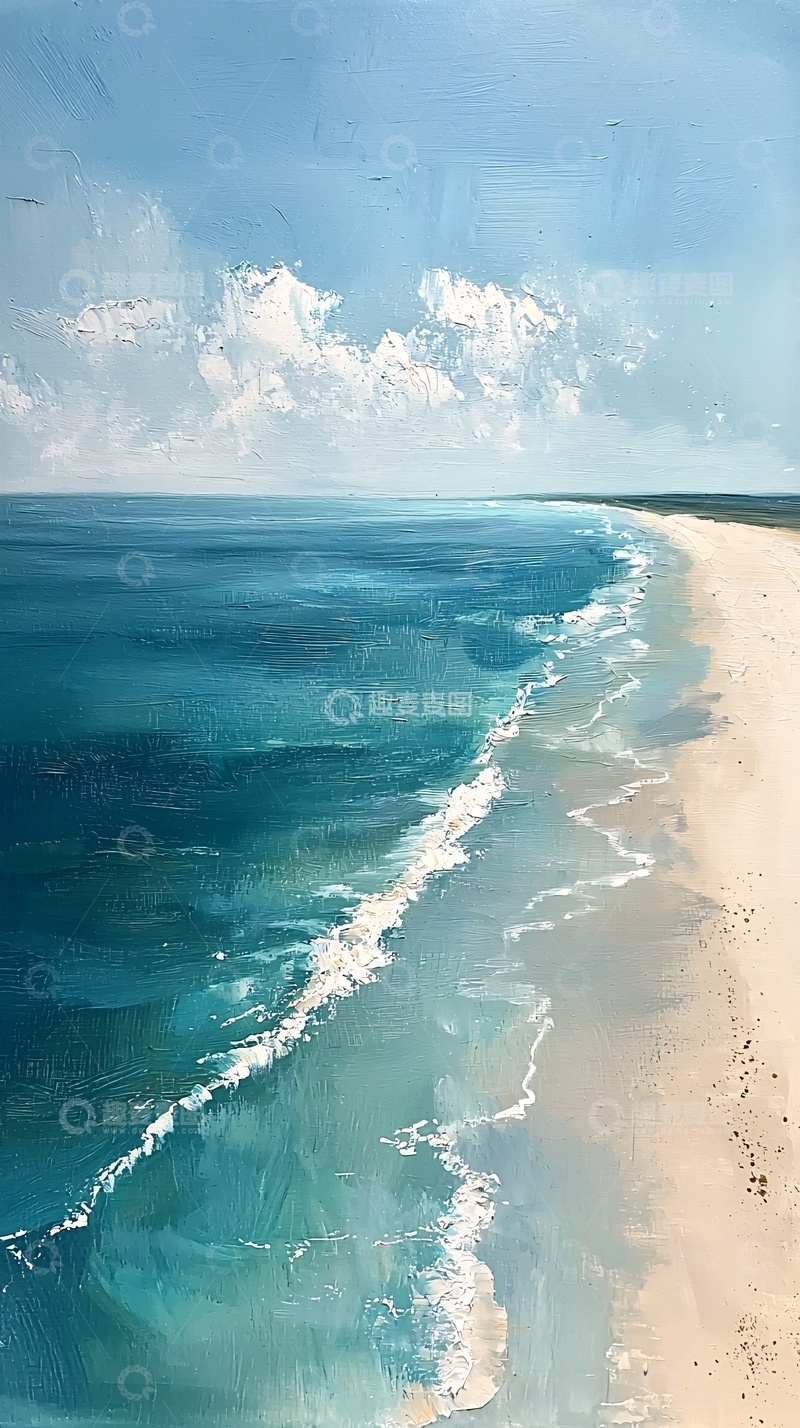高清大图下载【趣麦麦图】平静的海滩油画风景