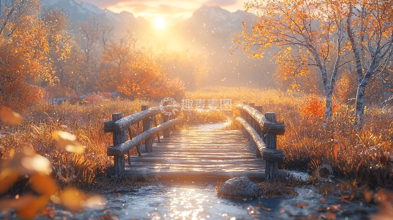 高清大图下载【趣麦麦图】金色秋日小桥流水