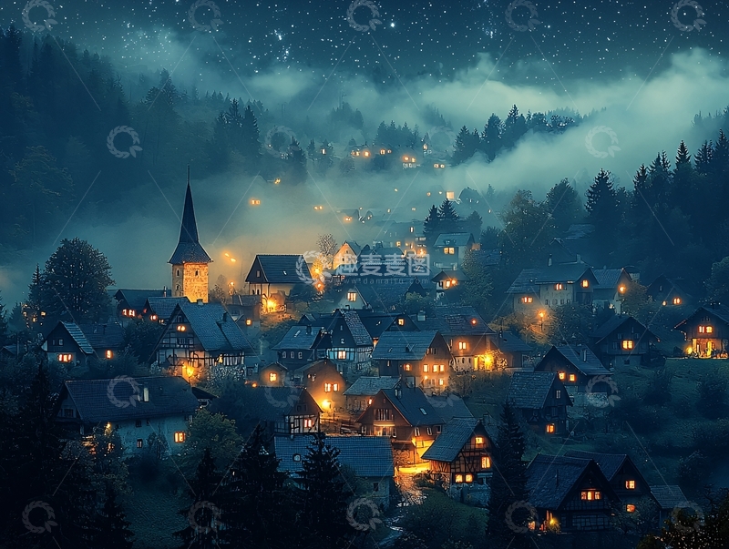 高清大图下载【趣麦麦图】夜幕下的宁静村庄