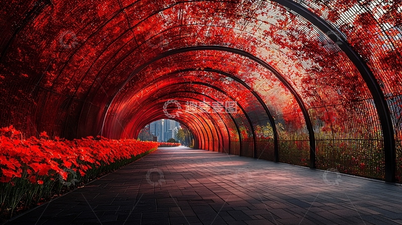 高清大图下载【趣麦麦图】红色树叶拱形通道