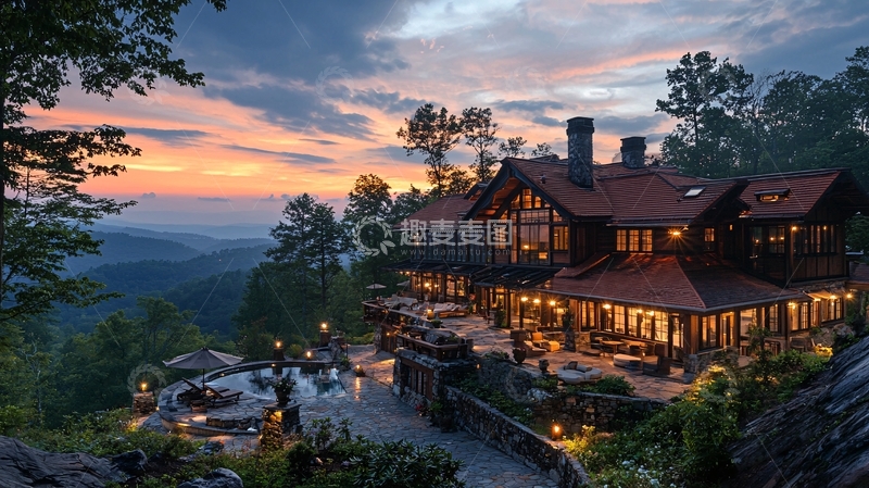 高清大图下载【趣麦麦图】山顶别墅夜景与日落