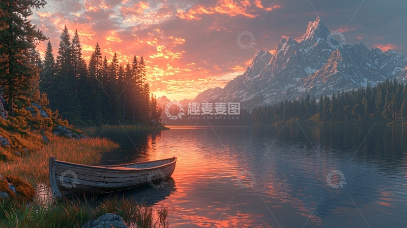 高清大图下载【趣麦麦图】宁静湖畔的日落山景