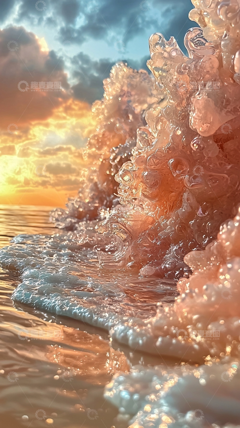 高清大图下载【趣麦麦图】粉色海浪在金色夕阳下