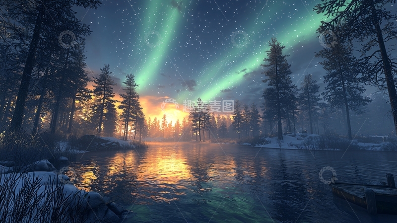 高清大图下载【趣麦麦图】湖面极光森林的唯美夜景