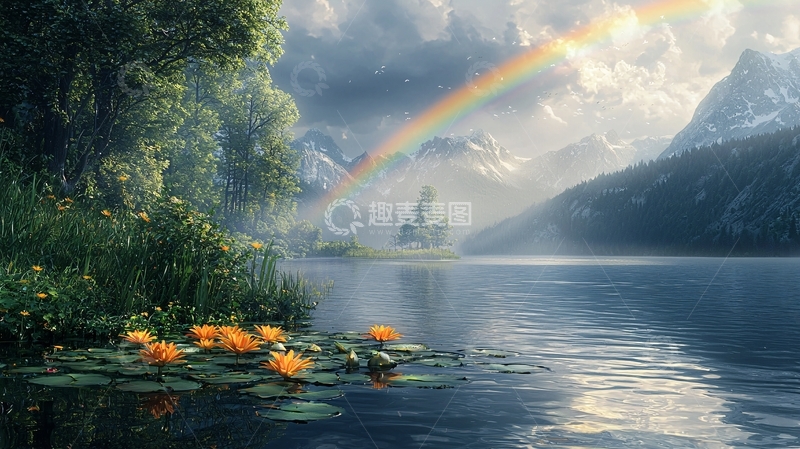 高清大图下载【趣麦麦图】宁静湖面上的彩虹风景