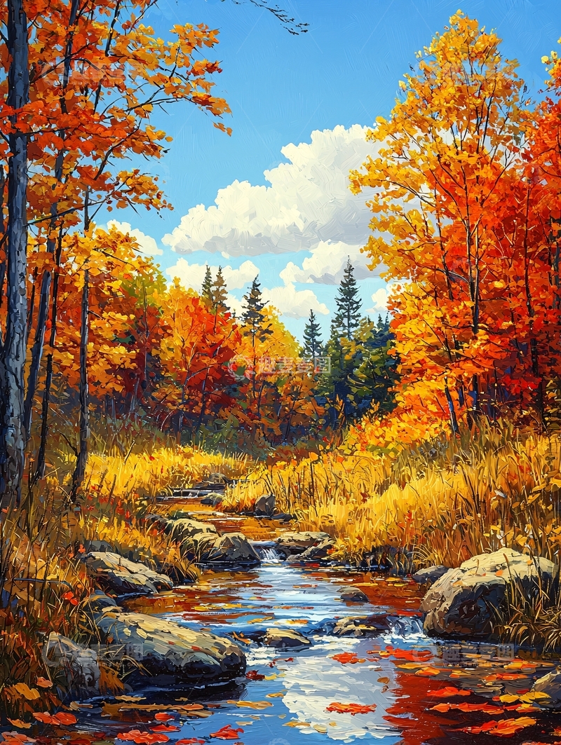 高清大图下载【趣麦麦图】秋日森林小溪美景