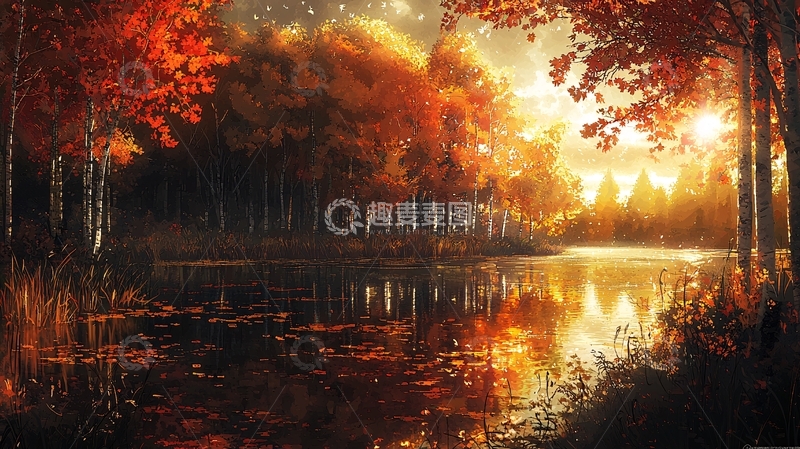 高清大图下载【趣麦麦图】秋日森林湖畔的宁静