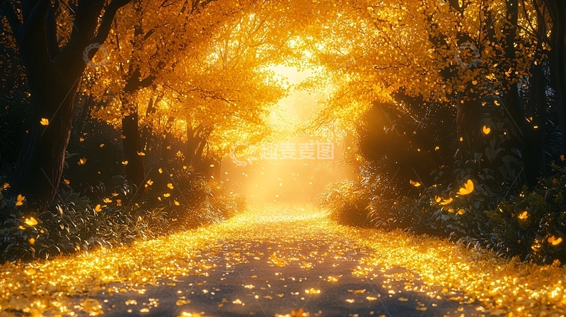 高清大图下载【趣麦麦图】金色树叶铺满路面的小路