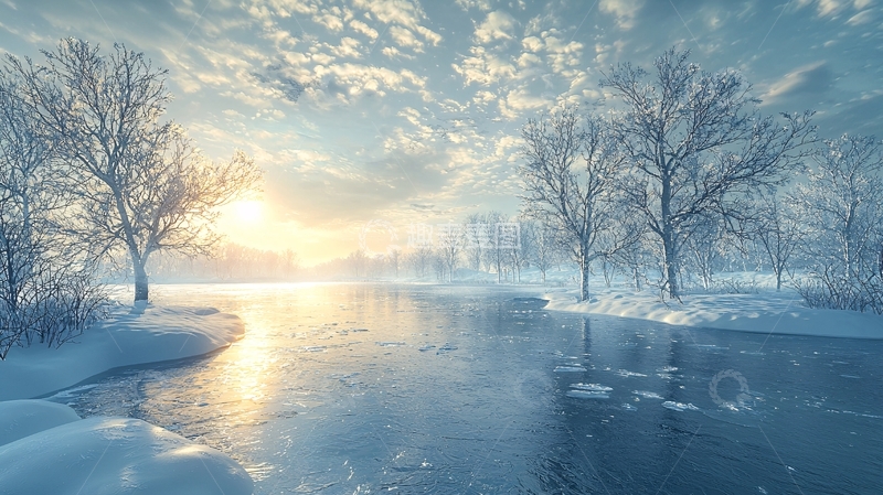 高清大图下载【趣麦麦图】冬日冰面上的树