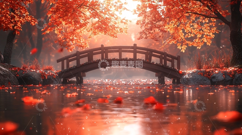 高清大图下载【趣麦麦图】秋日红叶小桥流水