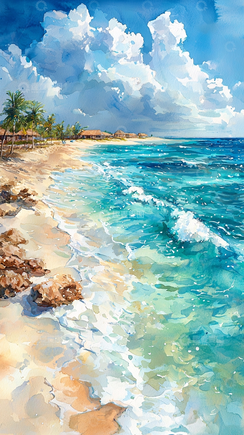 高清大图下载【趣麦麦图】海边风景水彩风格