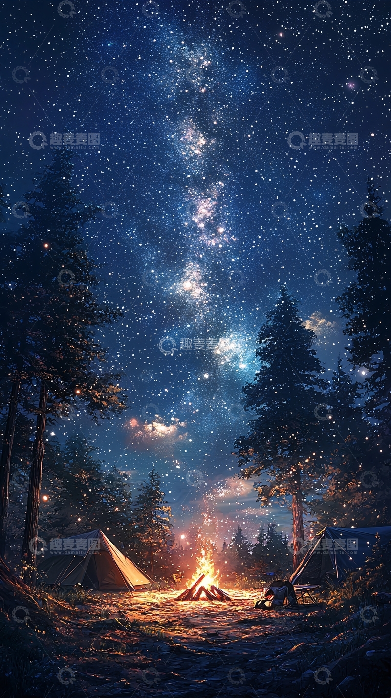 高清大图下载【趣麦麦图】夜空下的篝火露营地