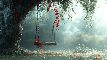 树下红色花朵秋千