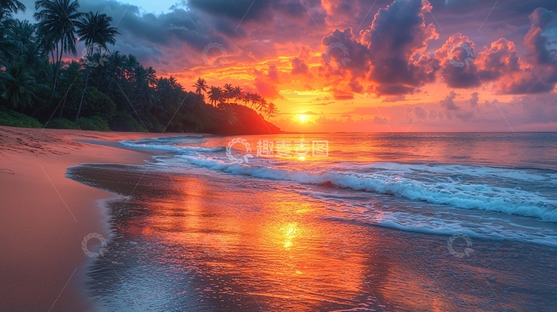高清大图下载【趣麦麦图】海滩日落倒影