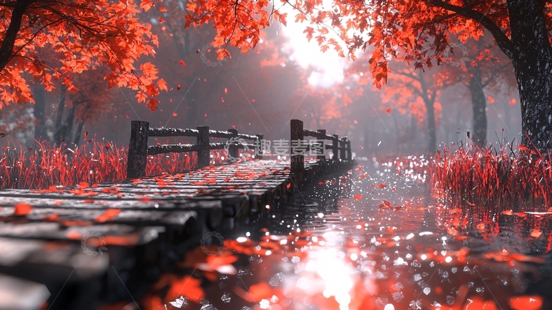 高清大图下载【趣麦麦图】秋日红色桥梁风景如画