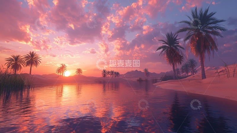 高清大图下载【趣麦麦图】粉色天空下的棕榈树