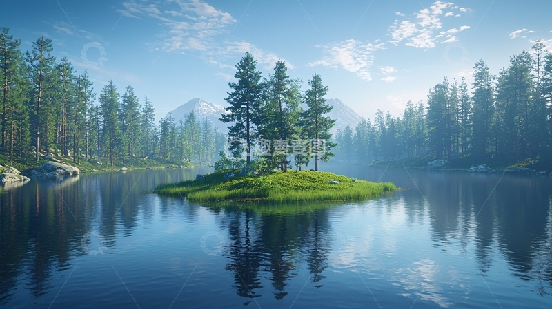 高清大图下载【趣麦麦图】宁静的湖面小岛森林