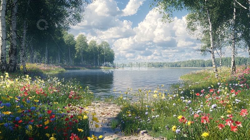 高清大图下载【趣麦麦图】湖边鲜花盛开的宁静景色