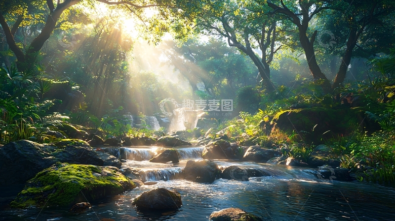 高清大图下载【趣麦麦图】阳光穿透树林的小溪