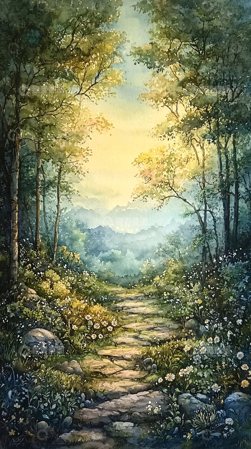 高清大图下载【趣麦麦图】水彩森林小路