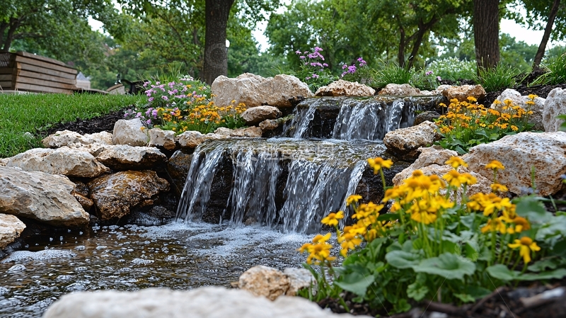 高清大图下载【趣麦麦图】小瀑布流水落石鲜花
