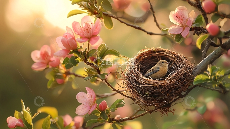 高清大图下载【趣麦麦图】鸟巢里的鸟与花枝