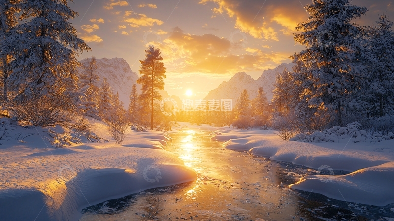 高清大图下载【趣麦麦图】雪地日落金辉映照