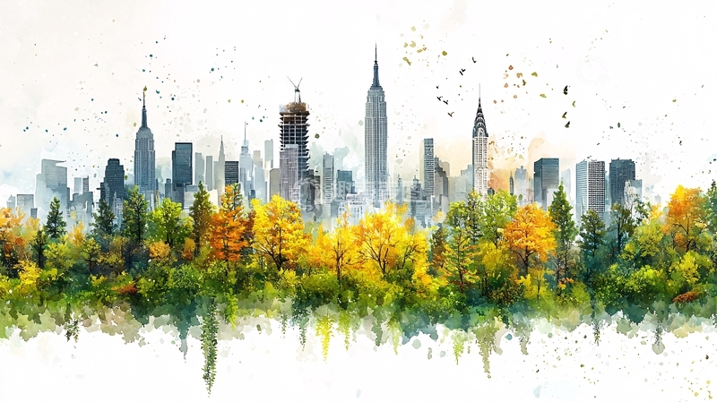 高清大图下载【趣麦麦图】城市天际线和秋叶的水彩画