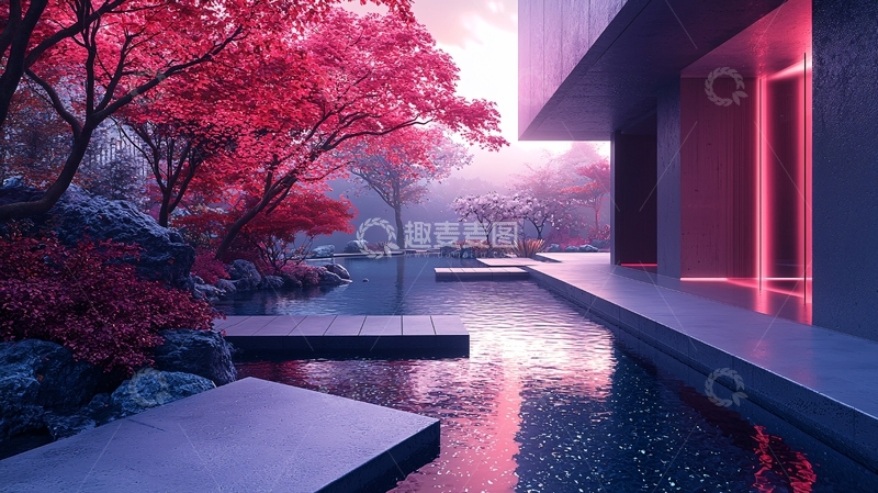 高清大图下载【趣麦麦图】现代建筑旁的红叶景色