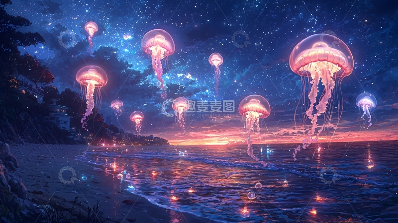 高清大图下载【趣麦麦图】星空下海边发光水母