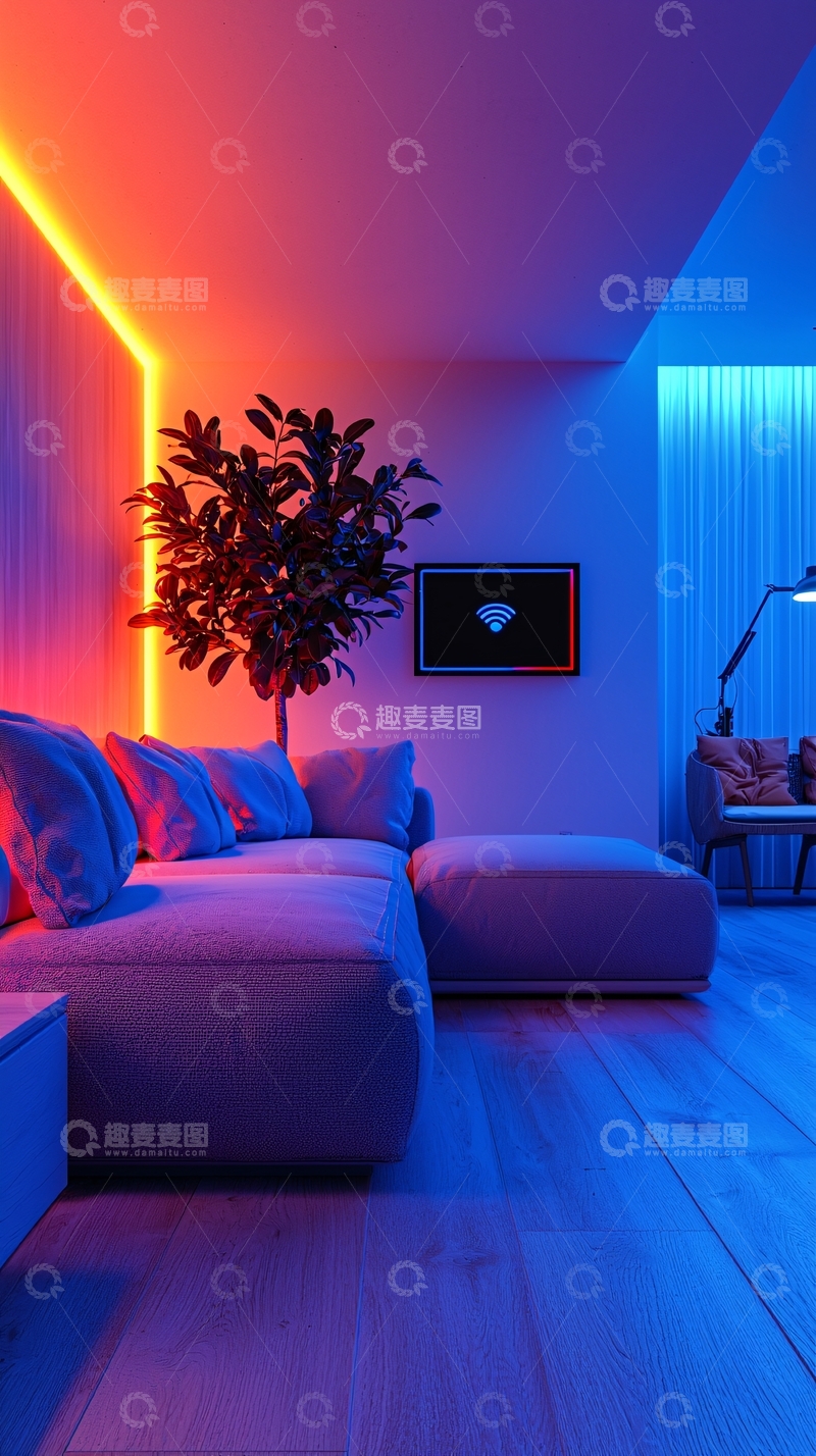 高清大图下载【趣麦麦图】霓虹灯照亮现代客厅