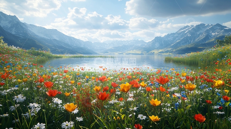 高清大图下载【趣麦麦图】鲜花盛开的湖畔山景