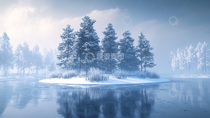 高清大图下载【趣麦麦图】冰雪覆盖的湖中小岛