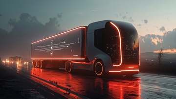 未来卡车行驶在湿润的道路上