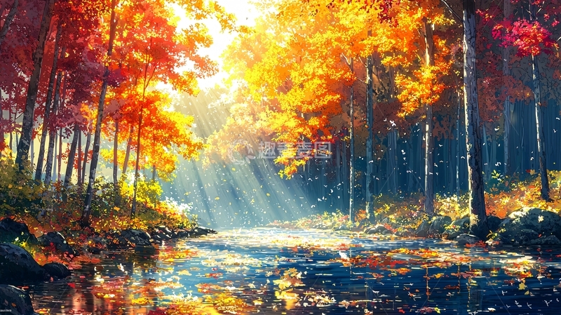 高清大图下载【趣麦麦图】秋日阳光下的森林小溪