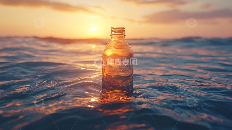 高清大图下载【趣麦麦图】漂流瓶在海中央的日落